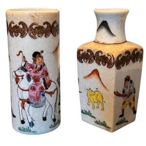 Vintage Chinese Export Mini Porcelain Vase Pair Figural Scene Mismatched Shapes